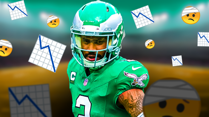 Eagles CB Darius Slay with multiple 📉 and 🤕 emojis in the background.