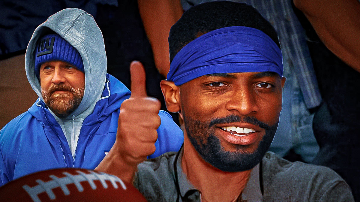 Darius Slayton's head photoshopped on Chuck Norris's head in the movie Dodgeball as he's giving a thumbs up, and Giants head coach Brian Daboll is next to Slayton's face