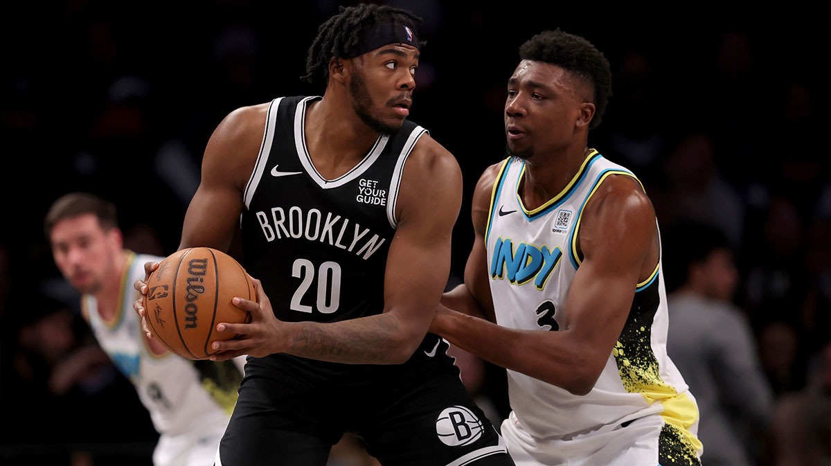 Brooklyn Nets center Day'Ron Sharpe (20) controls the ball against Indiana Pacers center Thomas Bryant (3) during the second quarter at Barclays Center.