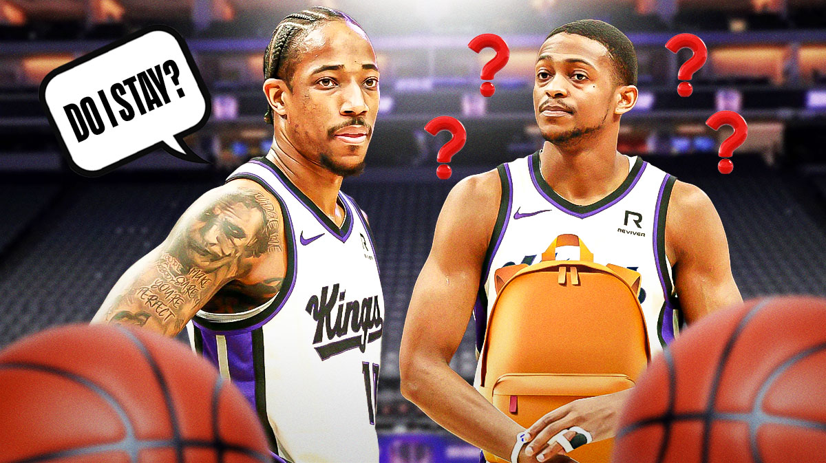 Kings guard DeMar DeRozan with a thought bubble that says "Do I stay?" while De'Aaron Fox is next to him with a backpack on, and question marks around him
