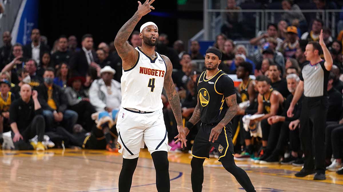 Denver Nuggets center DeMarcus Cousins (4) reacts after making a three point basket against the Golden State Warriors in the third quarter during game five of the first round for the 2022 NBA playoffs at Chase Center.