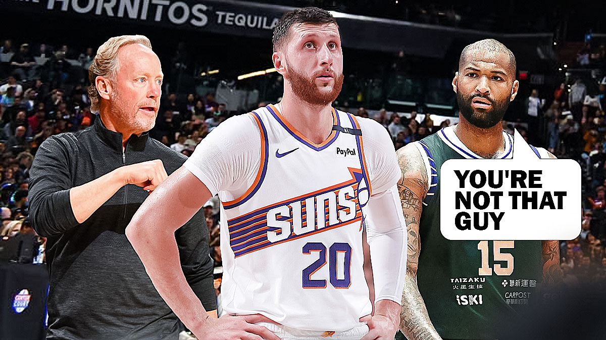 DeMarcus Cousins with a thought bubble that says "You're not that guy" and Suns center Jusuf Nurkic looking sad, with his head down. Also, head coach Mike Budenholzer is yelling at Nurkic as well.
