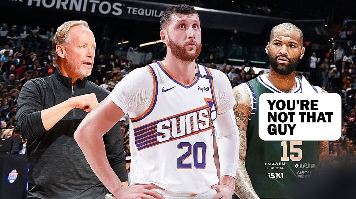 DeMarcus Cousins with a thought bubble that says "You're not that guy" and Suns center Jusuf Nurkic looking sad, with his head down. Also, head coach Mike Budenholzer is yelling at Nurkic as well.