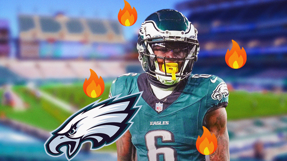 IMAGE: DeVonta Smith, Philadelphia Eagles logo, Fire symbols surrounding Smith and the Eagles