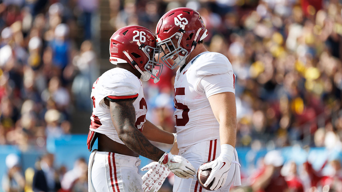 Alabama Crimson Tide tight end Robbie Ouzts (45) celebrates a touchdown with running back Jam Miller (26) during the first half at Raymond James Stadium.