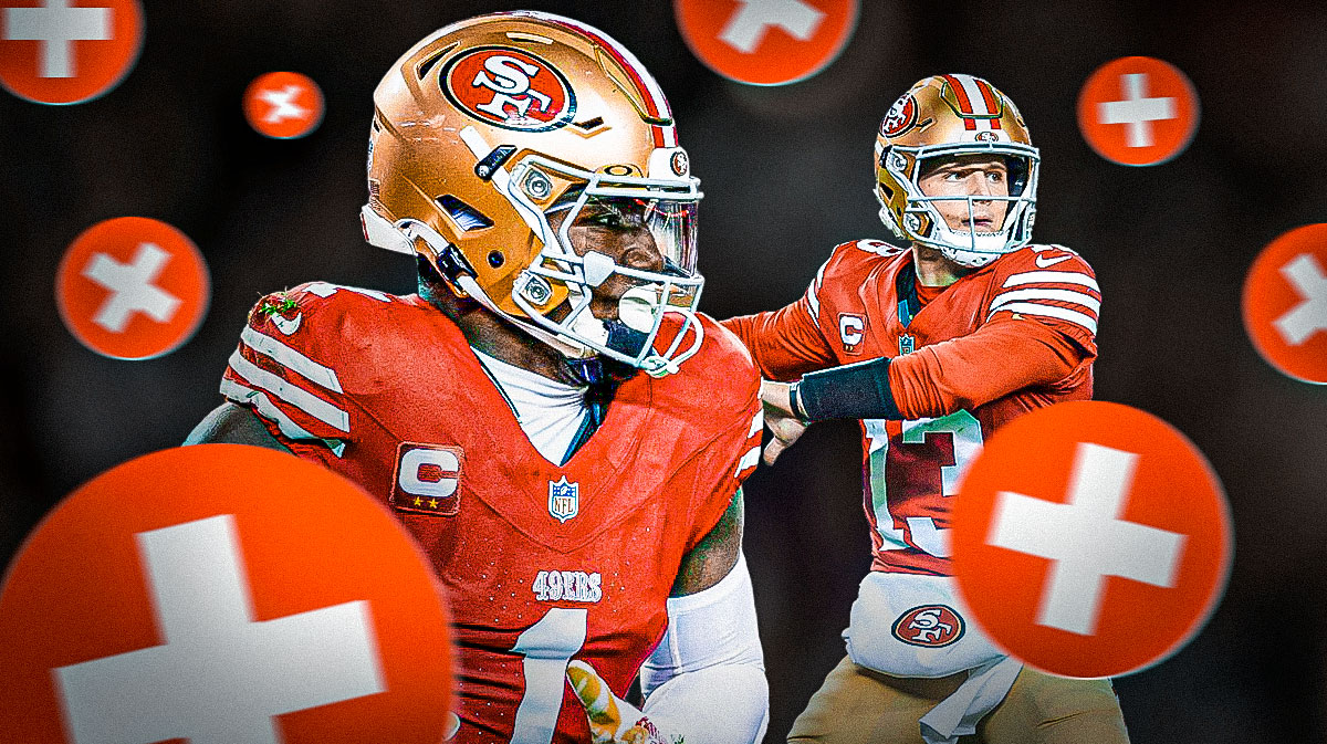 Deebo Samuel and Brock Purdy in San Francisco 49ers uniforms with red and white first aid symbol as Samuel and Purdy injuries will keep them out in Week 18.