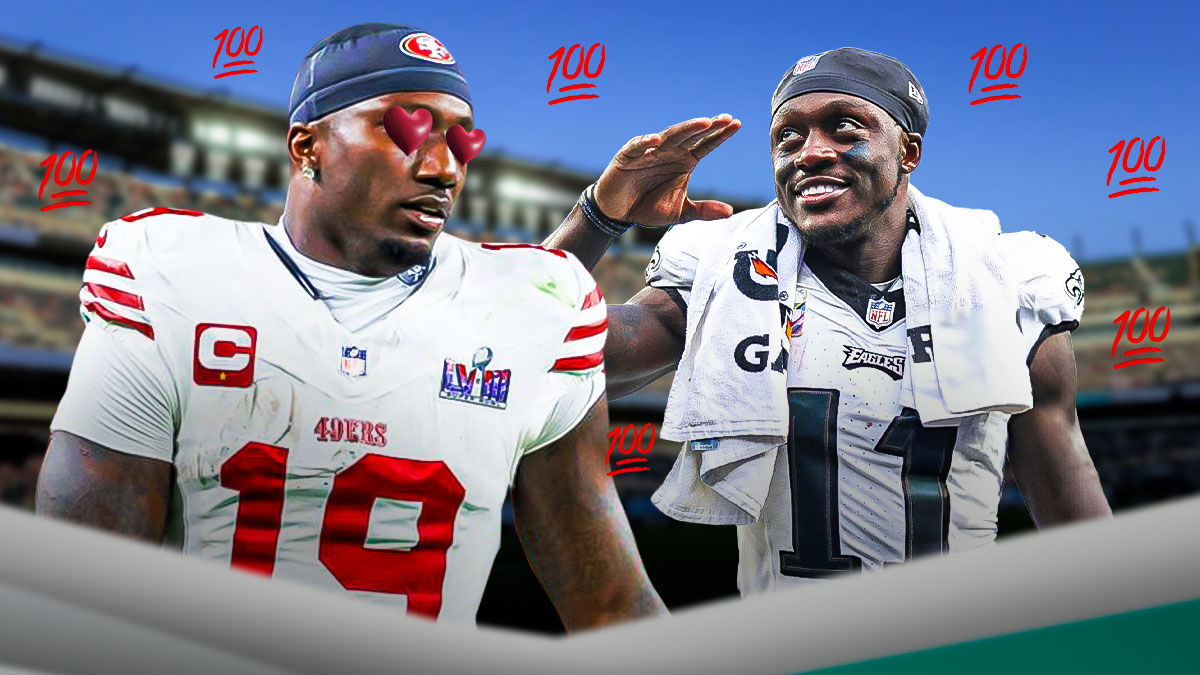 Deebo Samuel in a San Francisco 49ers uniform with hearts for eyes looking at AJ Brown in a Philadelphia Eagles uniform with 100 emojis.