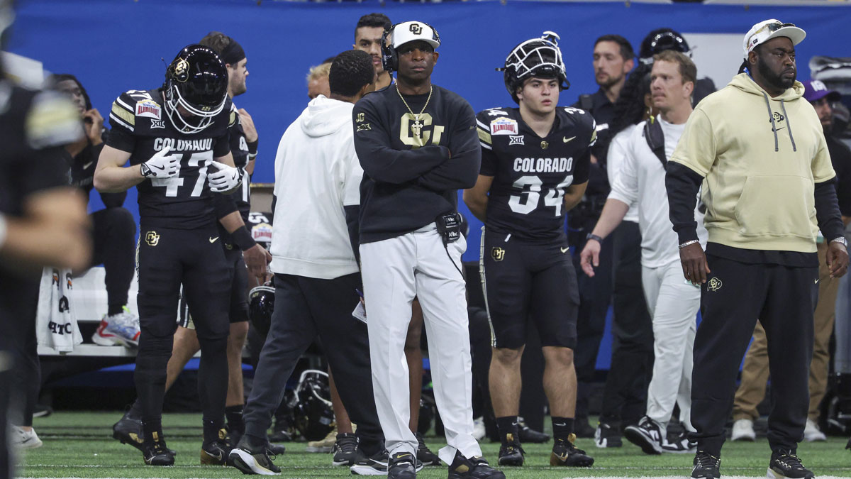 Colorado Buffaloes head coach Deion Sanders reacts from the sideline during the third quarter against the Brigham Young Cougars at Alamodome.