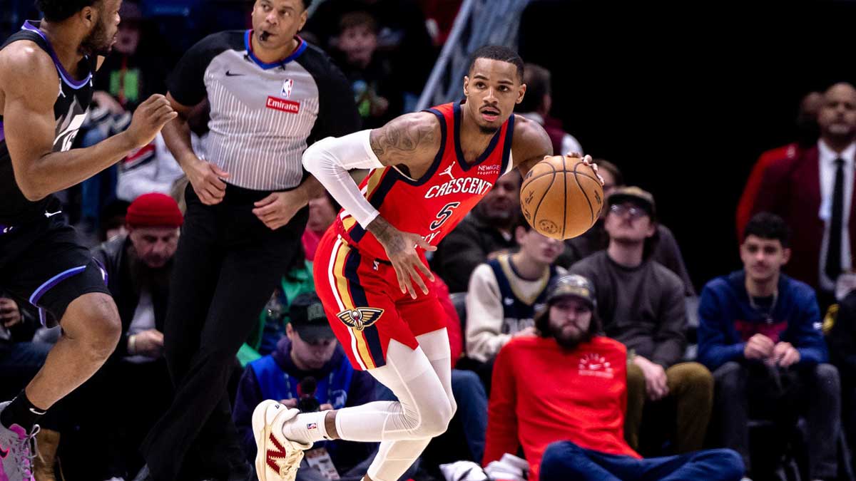 New Orleans Pelicans guard Dejounte Murray (5) drives the ball against the Utah Jazz during the first half at the Smoothie King Center.