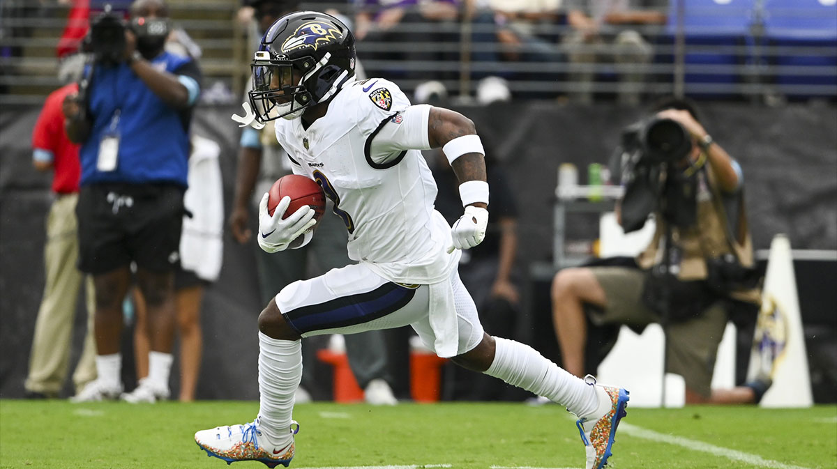 Aug 17, 2024; Baltimore, Maryland, USA; Baltimore Ravens wide receiver Deonte Harty (3) returns a kickoff during the first half against the Atlanta Falcons at M&T Bank Stadium.