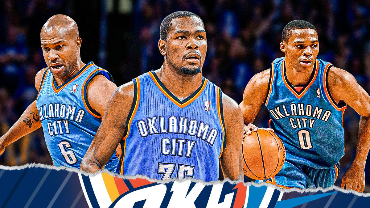 Derek Fisher in the middle of Kevin Durant and Russell Westbrook. All in Thunder gear.