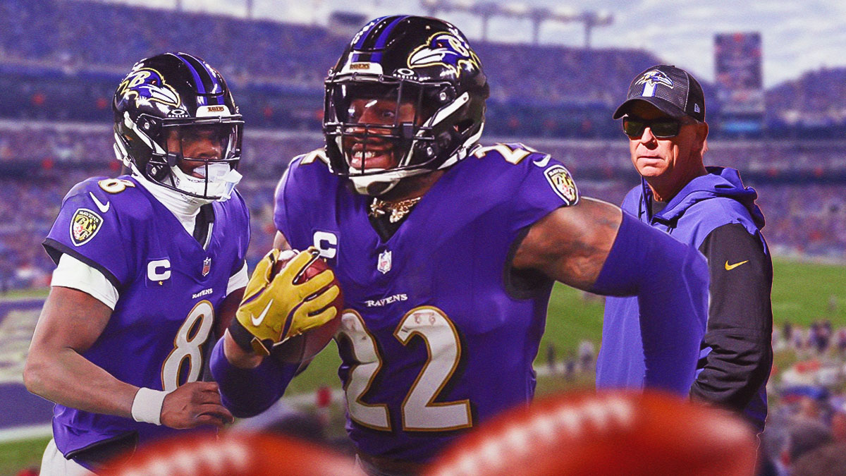 Baltimore Ravens running back Derrick Henry running the football in center, Baltimore Ravens quarterback Lamar Jackson running the football on the left side, Baltimore Ravens offensive coordinator Todd Monken on the right side, M&T Bank Stadium (home stadium of the Baltimore Ravens) in the background