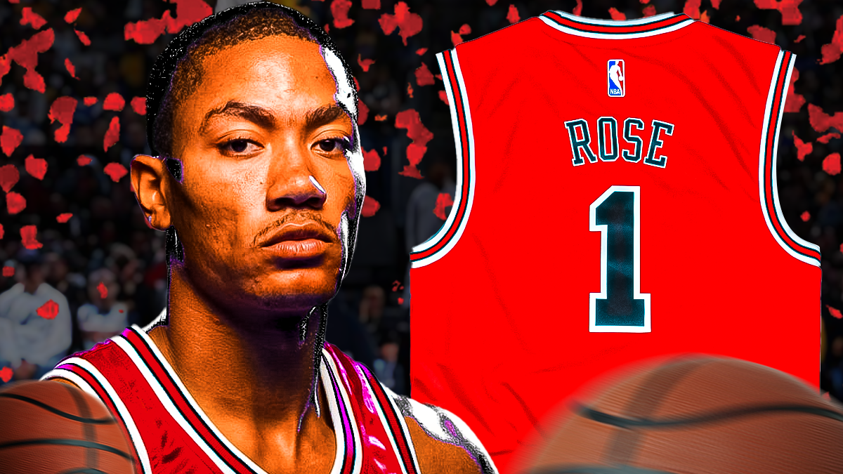 Bulls legend Derrick Rose next to the back of his #1 Bulls Rose jersey and a bunch of roses in the background