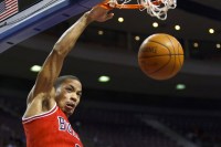 Chicago Bulls point guard Derrick Rose (1) dunks the ball in the first quarter against the Detroit Pistons at The Palace.