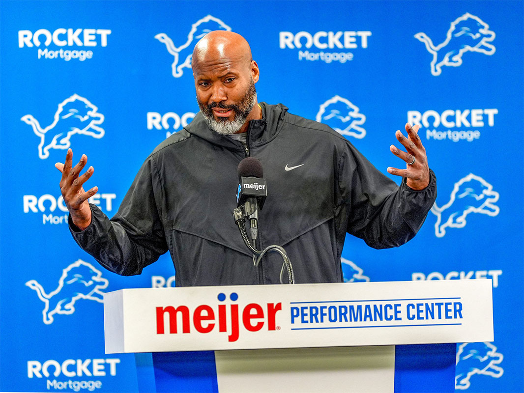 Detroit Lions Executive Vice President & General Manager Brad Holmes speaks to the press about their season, how it ended and what’s next at the Detroit Lions headquarters and training facility in Allen Park, Mich., Thursday, Jan. 23, 2025