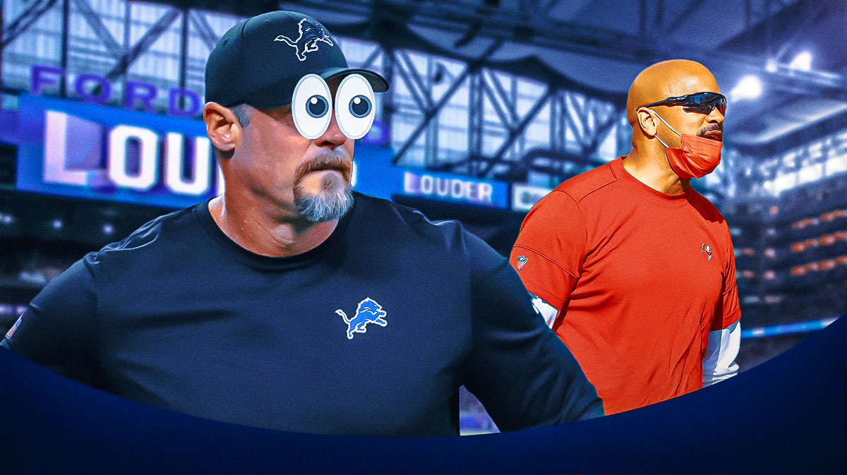 Lions coach Dan Campbell with big cartoon eyes looking at Buccaneers coach Larry Foote to replace aaron glenn.