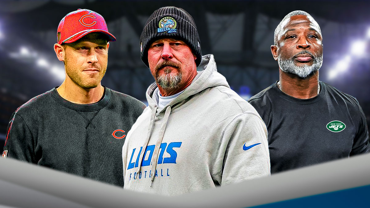 Chicago Bears coach Ben Johnson and New York Jets coach Aaron Glenn with Detroit Lions coach Dan Campbell in the middle