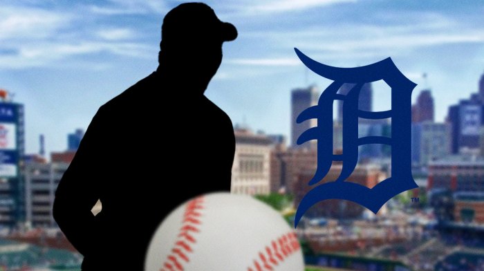 Tommy Kahnle as a silhouette. Tigers logo. Comerica Park in the background