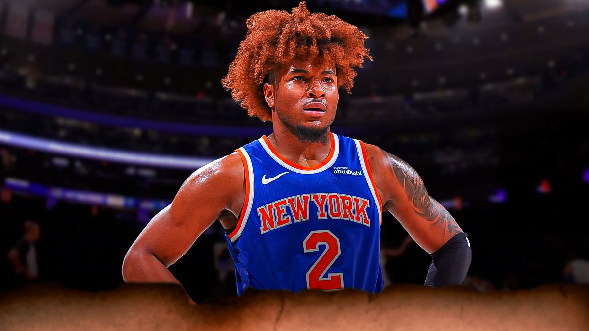 NY Knicks player Miles 'Deuce' McBride with the Knicks arena in the background, injury