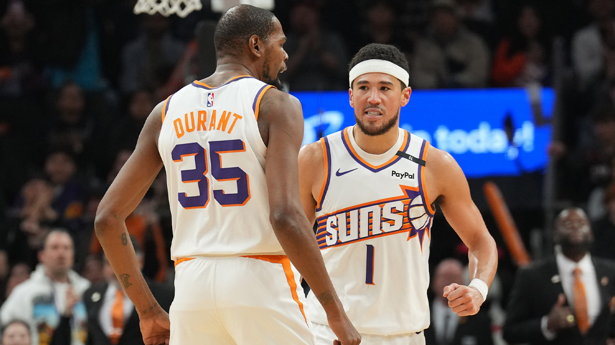 Phoenix Suns Forward Kevin Durant (35) and Phoenix Suns Guard Devin Booker (1) Celebrate against La Clippers over the second half at Footprint Center