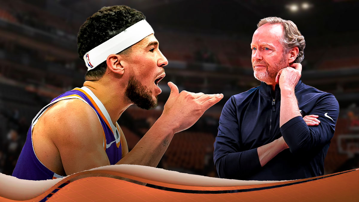 Suns guard Devin Booker yelling, with Suns head coach Mike Budenholzer's hands on his head in disbelief. There's also a background of the Footprint Center behind them