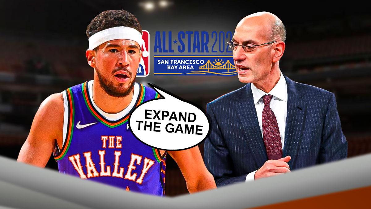 Devin Booker with a thought bubble that says "Expand the game" and NBA commissioner Adam Silver is in the background, along with the 2025 NBA All-Star game logo.