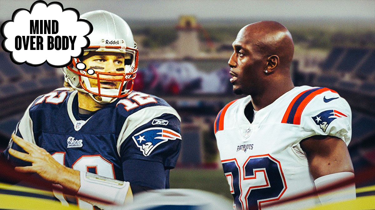 Patriots QB Tom Brady talking to Patriots defensive back Devin McCourty. Brady has a thought bubble that says "Mind over body" and McCourty looking stunned.