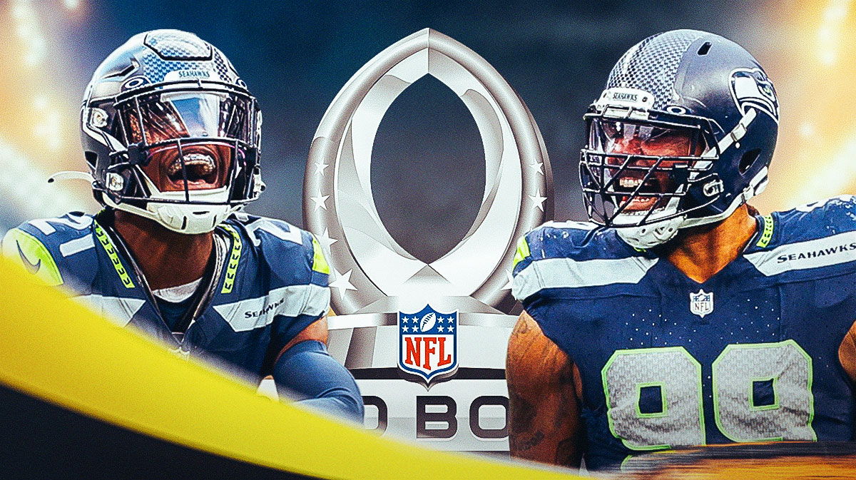 Seattle Seahawks defensive back Devon Witherspoon and defensive tackle Leonard Williams with the Pro Bowl logo between them
