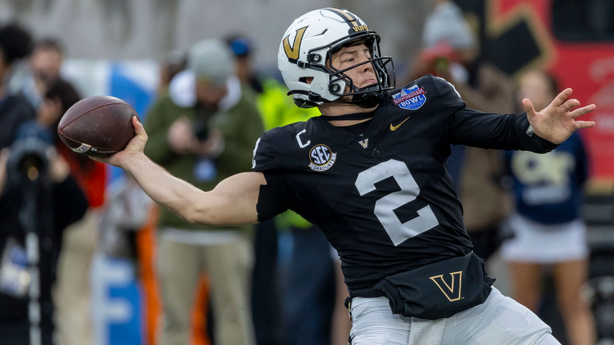Dec 27, 2024; Birmingham, AL, USA; Vanderbilt Commodores quarterback Diego Pavia (2) throws the ball against the Georgia Tech Yellow Jackets during the first half of the 2024 Birmingham Bowl at Protective Stadium.