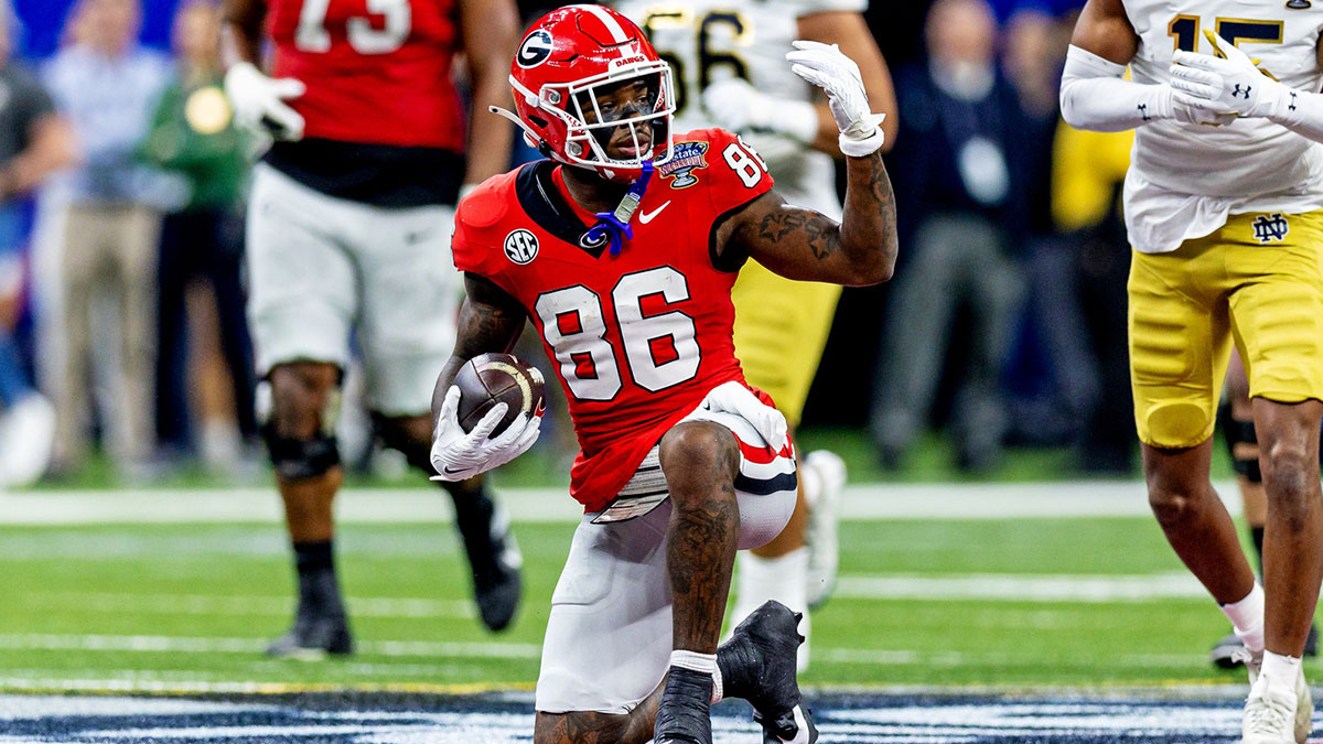 Georgia Bulldogs wide receiver Dillon Bell (86) reacts after a play against the Notre Dame Fighting Irish during the second quarter at Caesars Superdome.