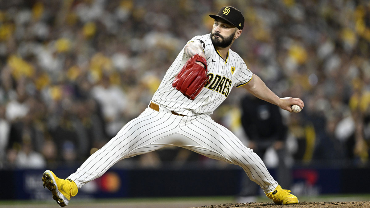 San Diego Padres pitcher Tanner Scott (66) pitches during the eighth inning against the Los Angeles Dodgers during Game 3 of the NLDS of the 2024 MLB Playoffs at Petco Park. 