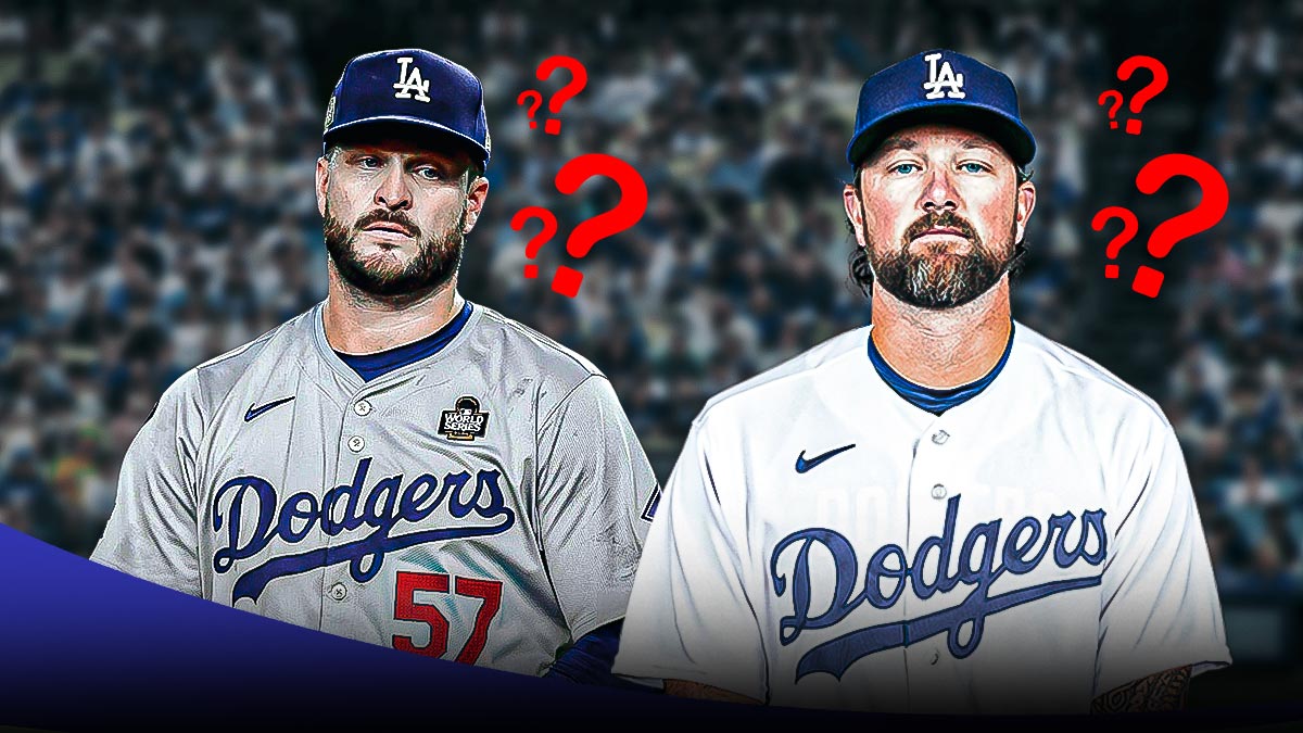 Kirby Yates and Ryan Brasier in Los Angeles Dodgers uniforms with little question marks surrounding him.