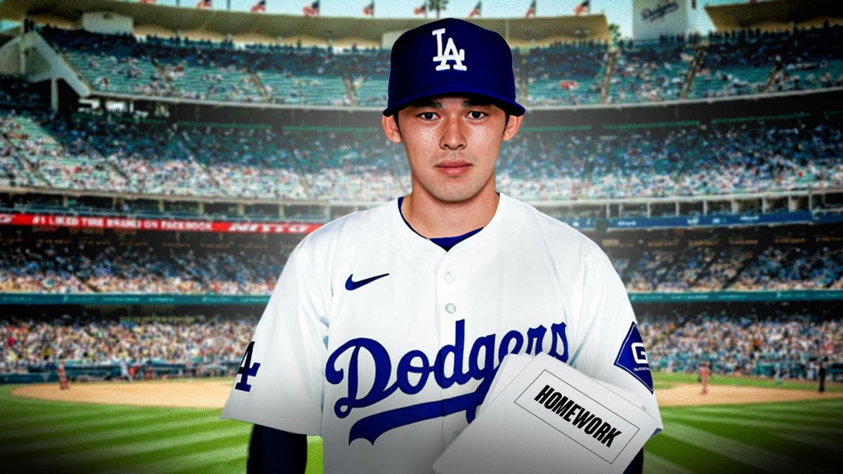Roki Sasaki, wearing a Dodgers uniform, holding a stack of paper with the word Homework on it.