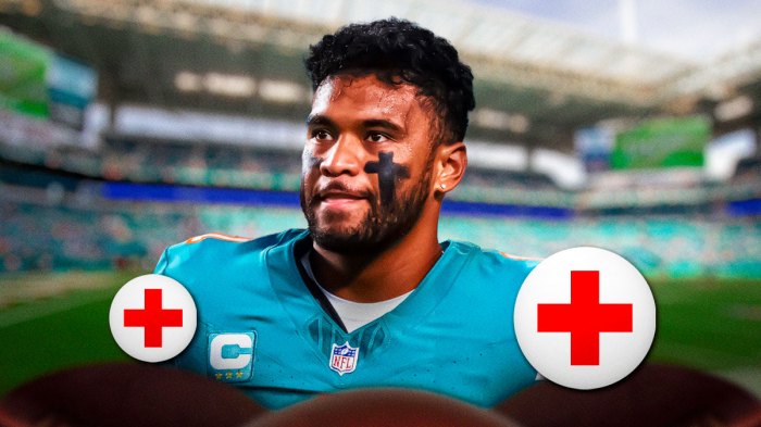 Tua Tagovailoa in a Miami Dolphins uniform with a red and white first aid symbol as Tagovailoa's injury will keep him out Week 18.