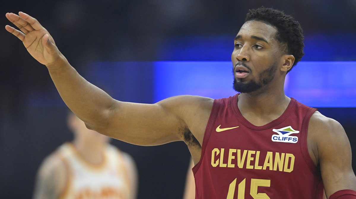 Cleveland Cavaliers guard Donovan Mitchell (45) stands on the court in the first quarter against the Atlanta Hawks at Rocket Mortgage FieldHouse.