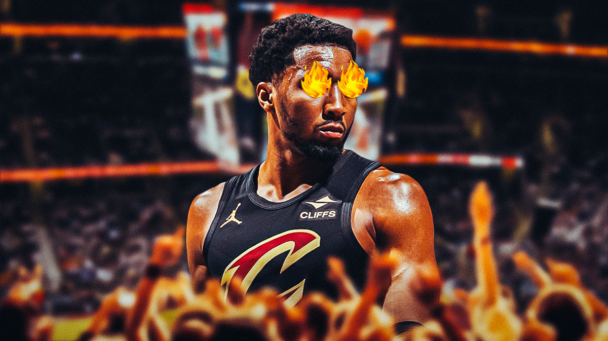 Donovan Mitchell (with fire in his eyes) featuring a Cavs-themed BG.