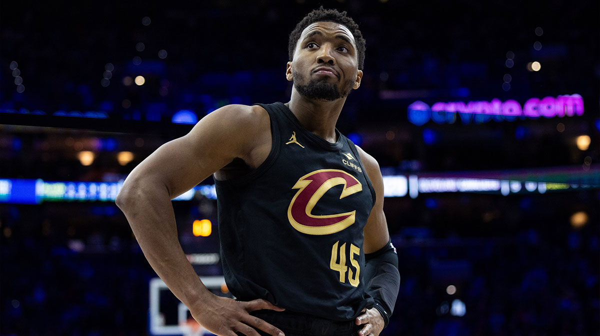 Cleveland Cavaliers guard Donovan Mitchell (45) looks on after committing a foul in the final minute against the Philadelphia 76ers at Wells Fargo Center.