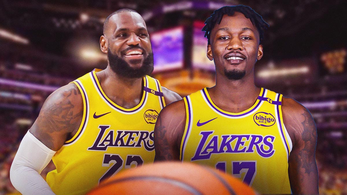 Lakers' Dorian Finney-Smith and LeBron James smiling together