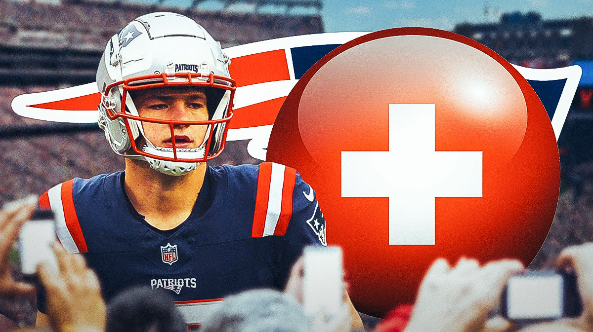 New England Patriots QB Drake Maye with an injury symbol. There is also a logo for the New England Patriots.