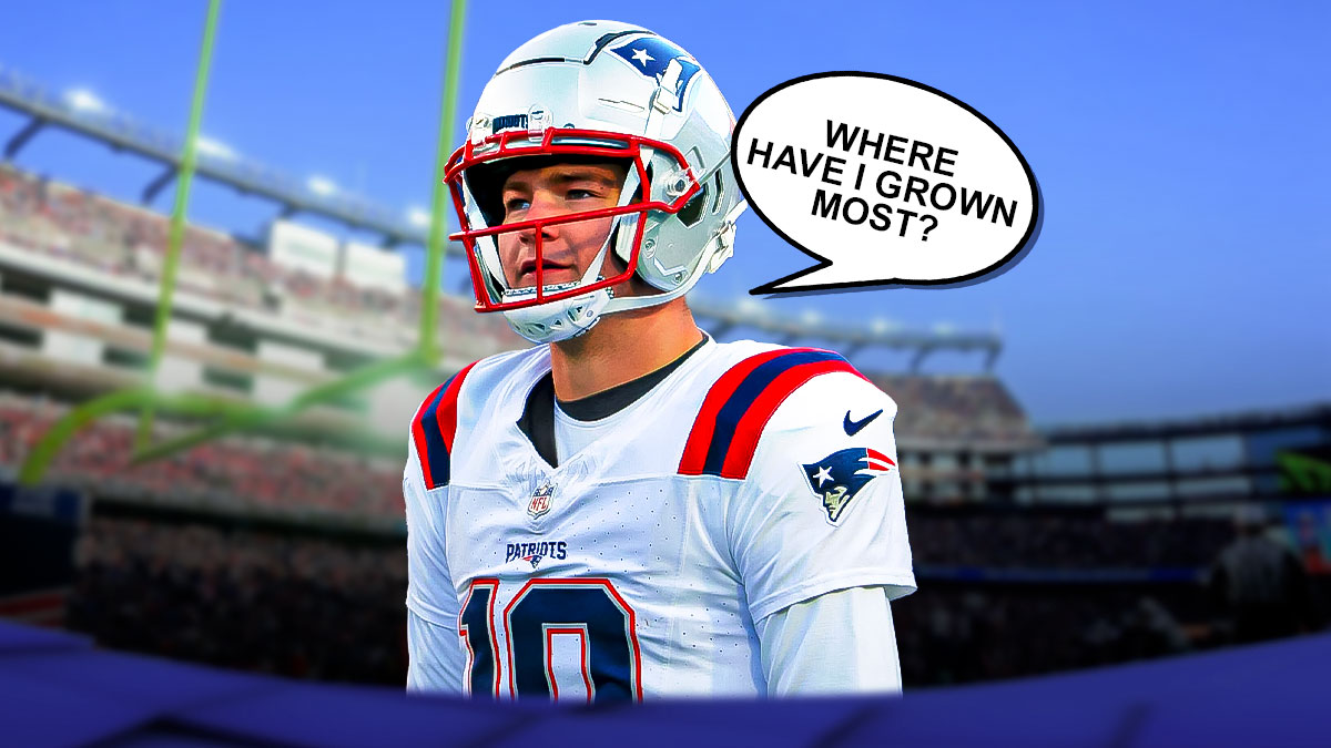 Drake Maye with a text bubble reading "Where have I grown most?" in front of the Patriots stadium.