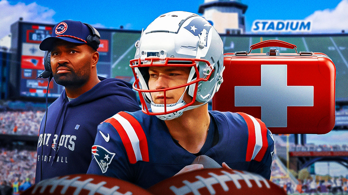 New England Patriots quarterback Drake Maye in center, New England Patriots head coach Jerod Mayo on left side, injury/ health emojis on right side, Gillette Stadium (home stadium of the New England Patriots) in background