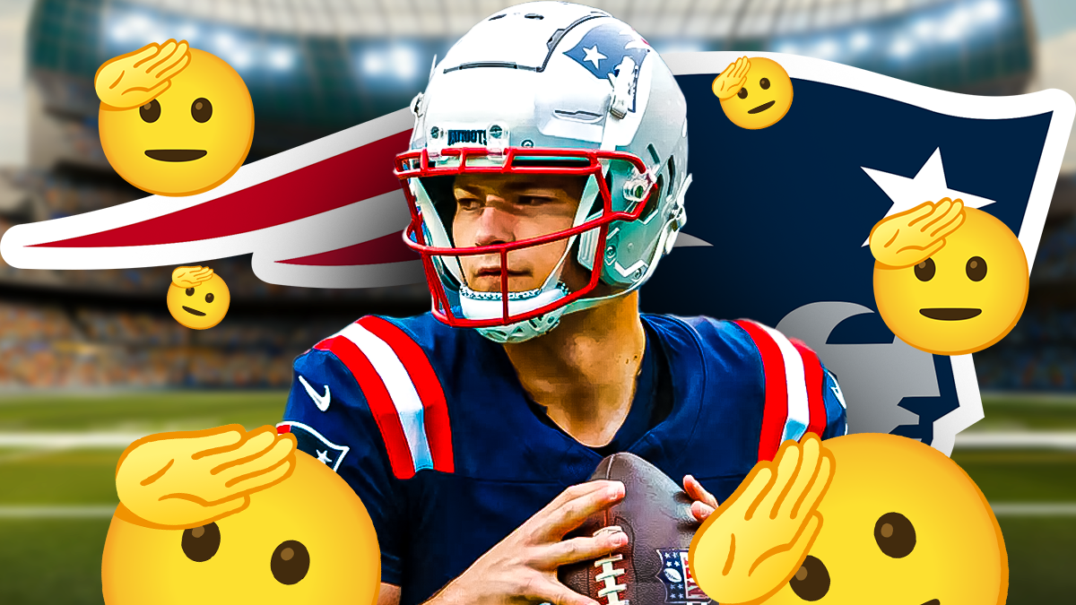 Drake Maye, New England Patriots logo, Salute symbols surrounding Maye