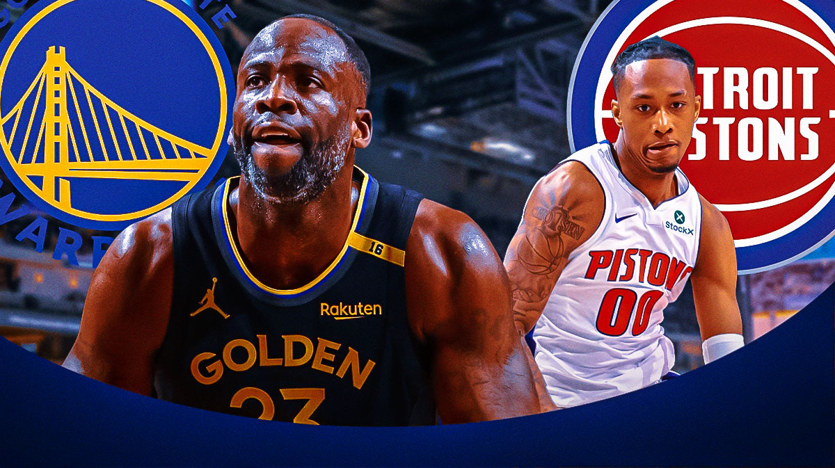 Warriors forward Draymond Green next to Pistons forward Ron Holland with the Warriors and Pistons logos in the background
