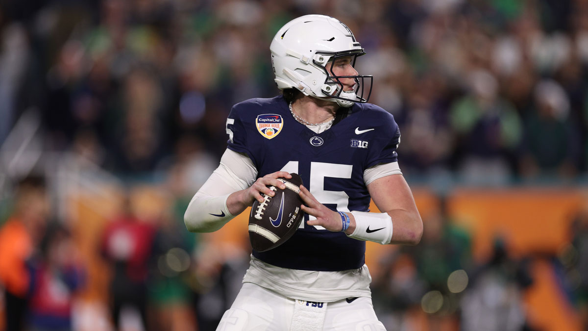 Penn State Nittany Lions quarterback Drew Allar (15) looks to pass in the second half against the Notre Dame Fighting Irish in the Orange Bowl at Hard Rock Stadium.