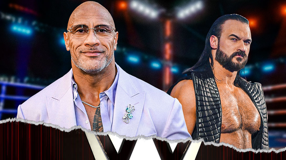 Drew McIntyre next to Dwayne The Rock Johnson in a WWE ring.