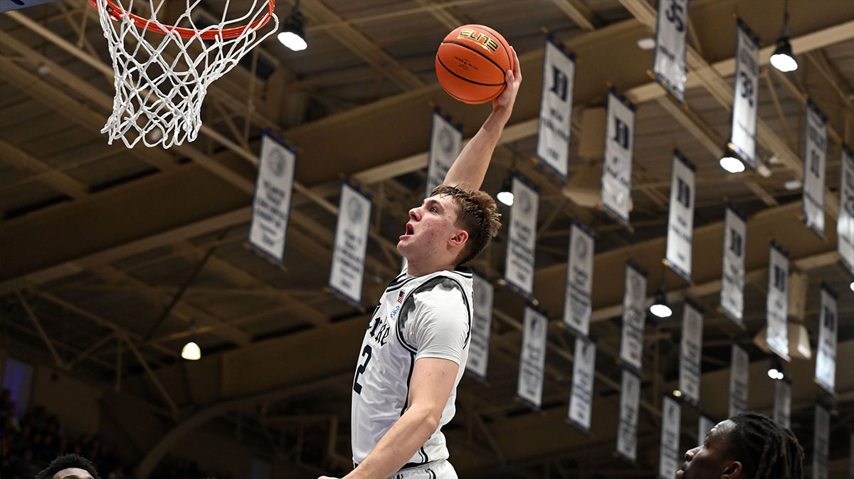 Duke Blue Devils forward Cooper Flagg (2) dunks during the second half against the Notre Dame Fighting Irish at Cameron Indoor Stadium.
