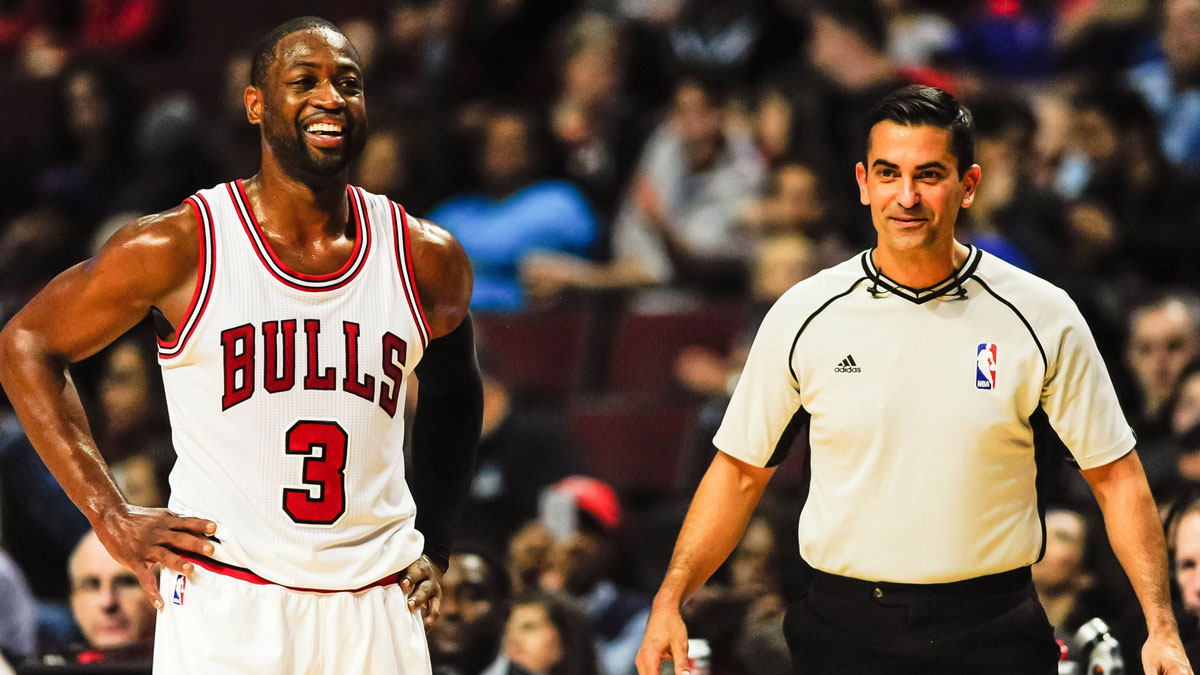 Chicago Bulls Guard Dviane Wade (3) Talks with Judge Mark Lindsai (29) During the first half against Indiana Pacer in the United Center.