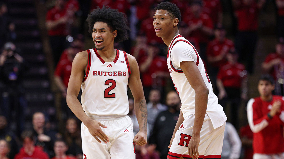 Rutgers Scarlet Knights men's basketball guard Dylan Harper (2) celebrates in front of guard Ace Bailey (4) during the second half against the UCLA Bruins at Jersey Mike's Arena.