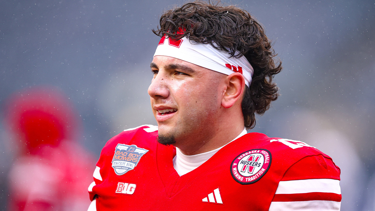 Dec 28, 2024; Bronx, NY, USA; Nebraska Cornhuskers quarterback Dylan Raiola (15) looks on before the game against the Boston College Eagles at Yankee Stadium. Mandatory Credit: Vincent Carchietta-Imagn Images