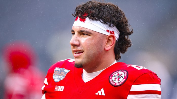 Dec 28, 2024; Bronx, NY, USA; Nebraska Cornhuskers quarterback Dylan Raiola (15) looks on before the game against the Boston College Eagles at Yankee Stadium. Mandatory Credit: Vincent Carchietta-Imagn Images